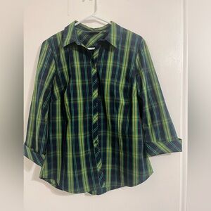 NWOT Medium blue , green and yellow button down blouse. 3/4 sleeve with buttons